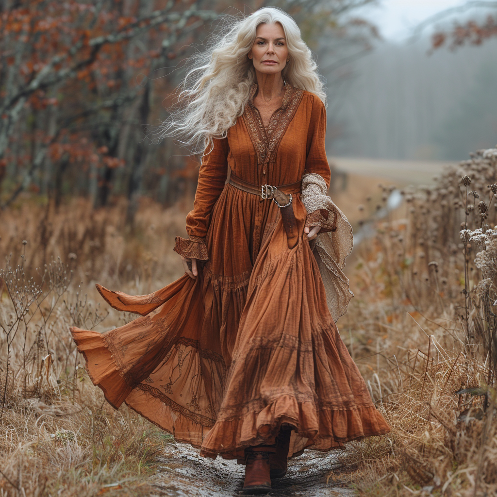 Women's Vintage V-neck Linen Long-sleeve Maxi Long Dress