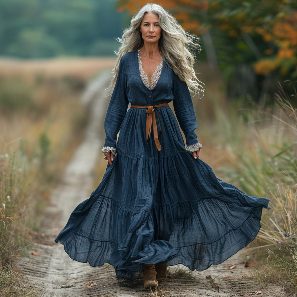 Women's Vintage V-neck Linen Long-sleeve Maxi Long Dress