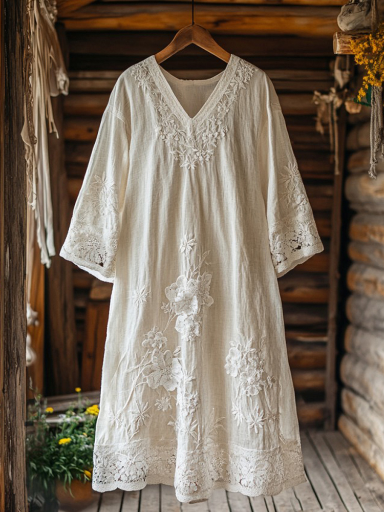 Retro Floral Embroidery Lace Art Linen Blend Maxi Dress