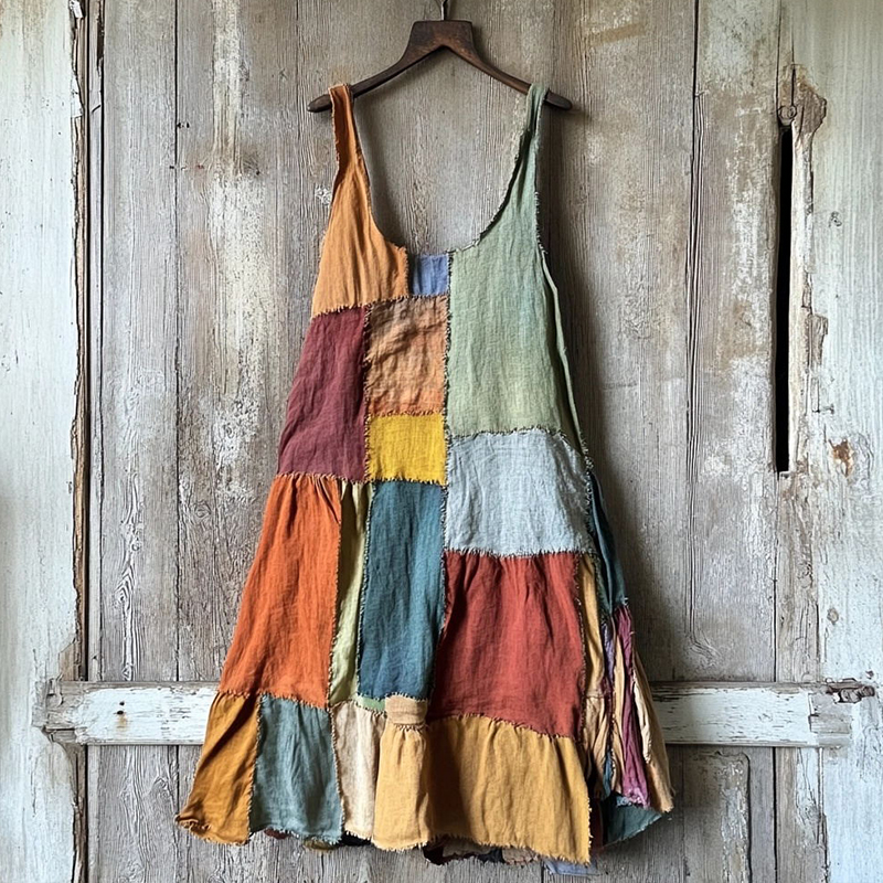 Multicolor Patchwork Linen Blend Midi Dress