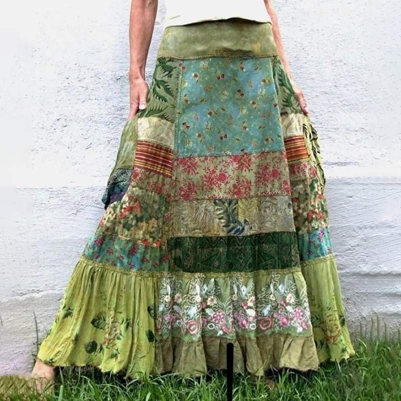 Women's Green Flowers Patchwork Art Linen Blend Skirt