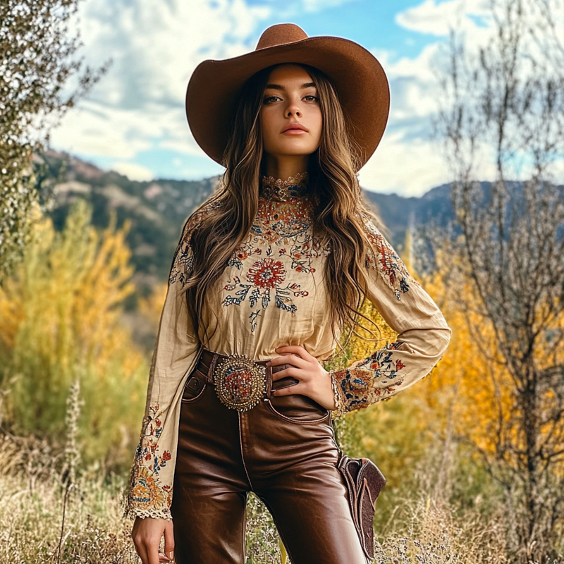 Women's West Cowboy Bohemian Elegance Ethnic Patterns Lace Crop Long Sleeves Linen Top