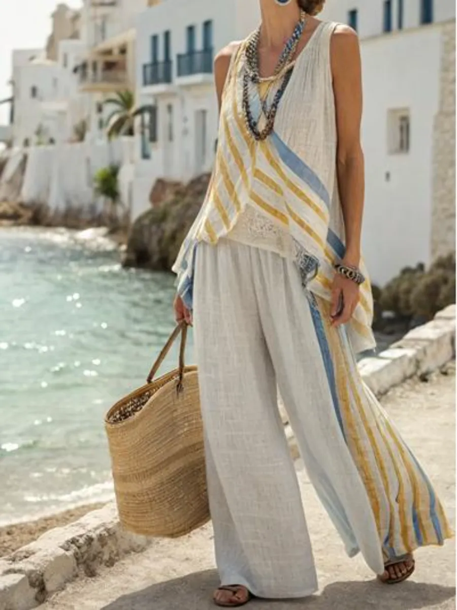 Cotton and linen women's vest striped suit