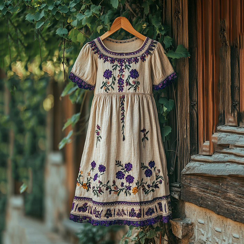 Vintage Floral Embroidered Short Sleeve Midi Dress