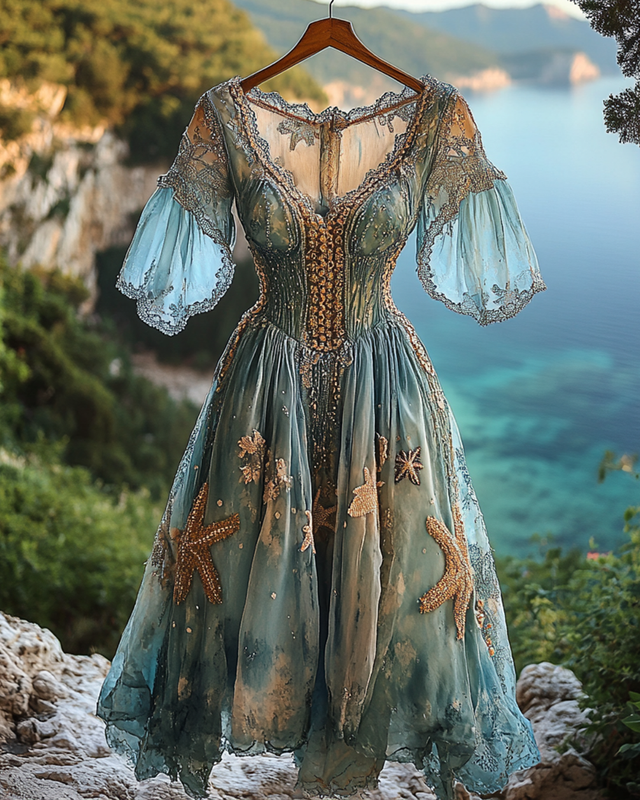 Summer Vacation Starfish Gradient Beaded Chiffon Dress