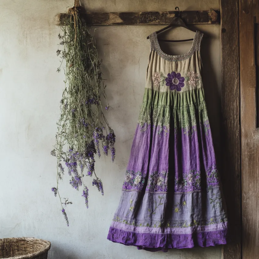 Vintage Bohemian Lavender Embroidery Patchwork Art Sleeveless  Cozy Linen Maxi Dress