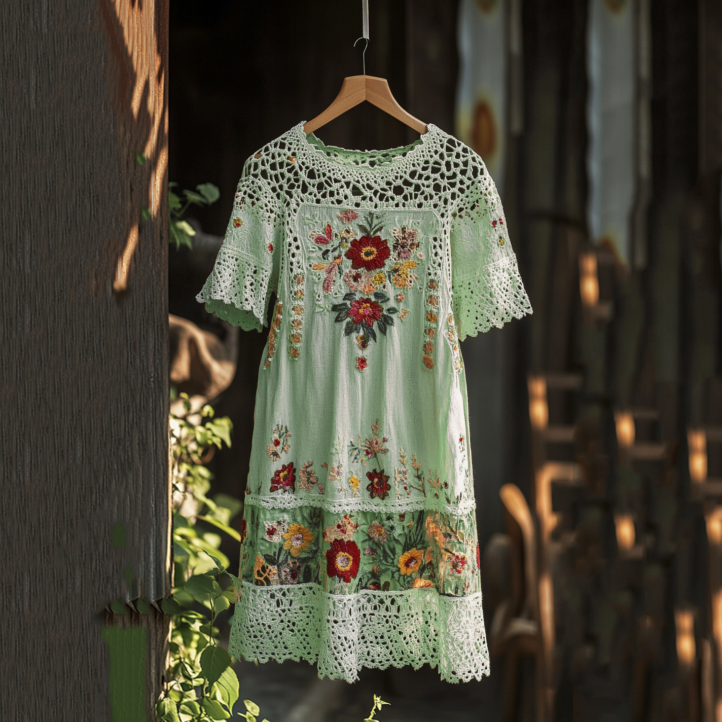 Women's Embroidered Floral Lace Round Neck Midi Dress