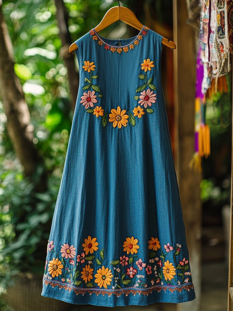 Women's Bohemian Floral Embroidered Linen Sleeveless Dress