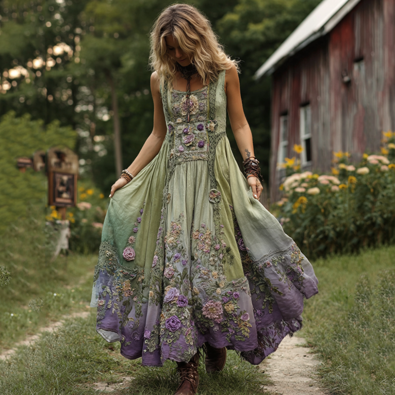 Classy Gradient Purple Lavender And Floral Embroidered Linen Maxi Dress