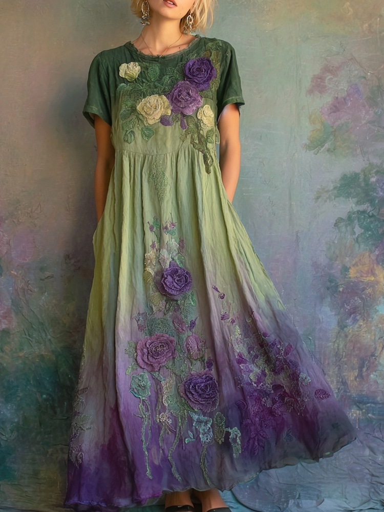 Vintage Roses Embroidered Gradient Linen Maxi Dress