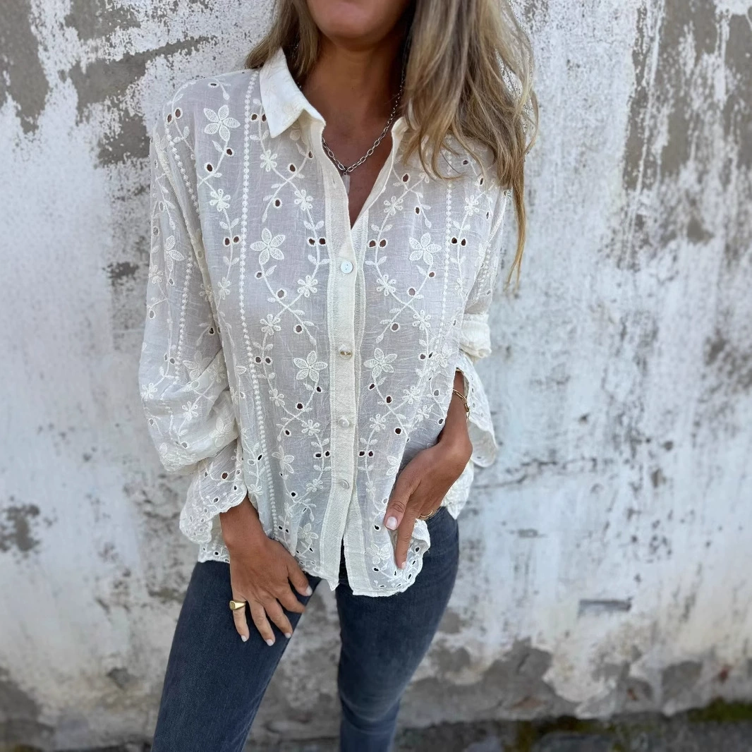 New Embroidered Lace Cotton Linen Women's Shirt