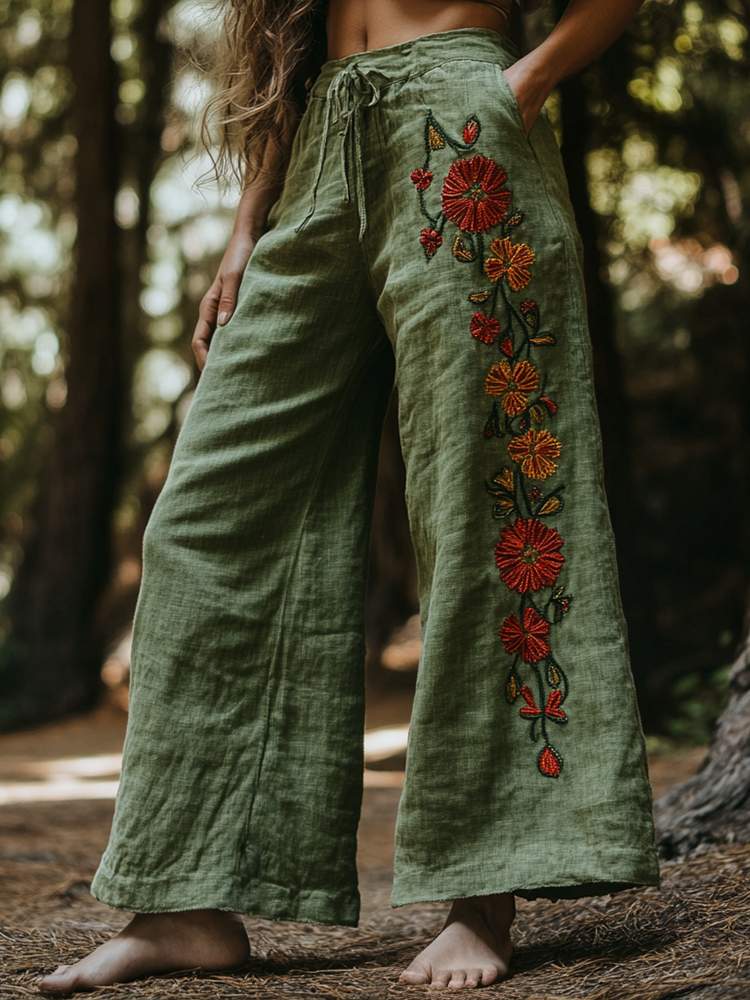 Bohemian Holiday Style Linen Bohemian Floral Print Linen Long Loose Wide-leg Pants