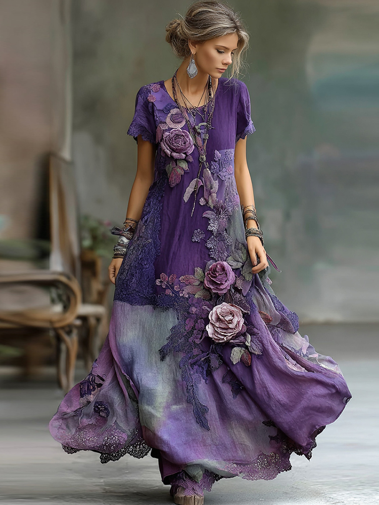 Vintage Bohemian Embroidered Floral Patchwork Short Sleeve Maxi Dress