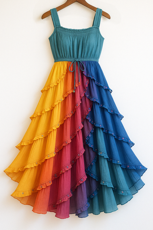 Contrast Rainbow Ruffle Chiffon Dress