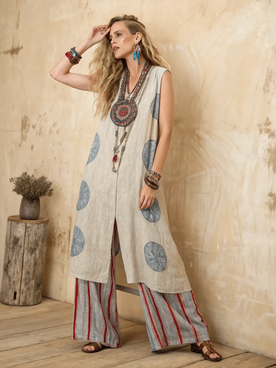 Women's cotton and linen long vest suit