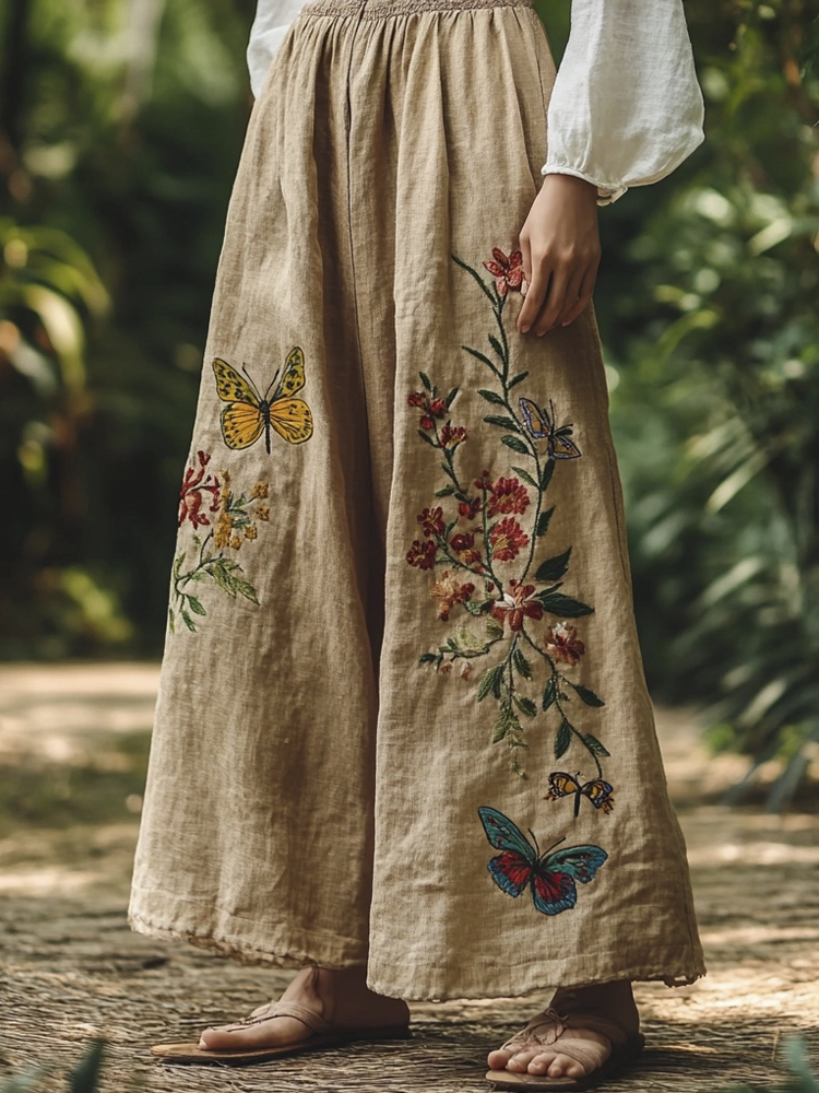 Forest Butterfly Floral Embroidery Vintage Women's Linen Loose Pants