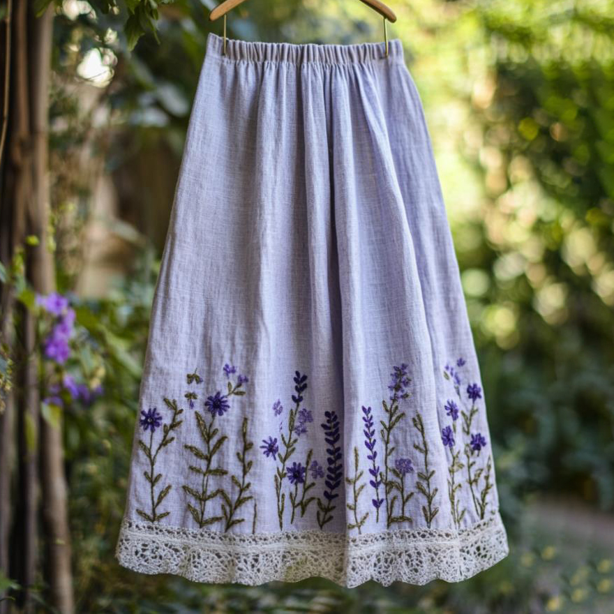 Women's Purple Lace Flowers Embroidery Art Linen Blend Skirt