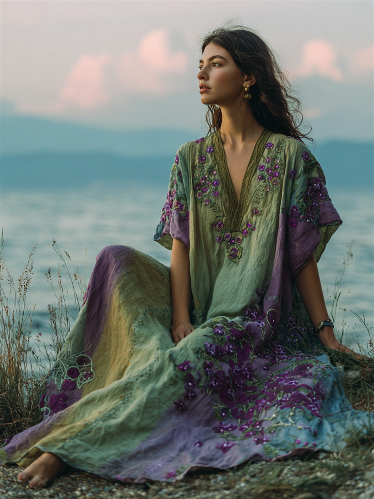 Boho Purple Floral Embroidered Gradient Linen Kaftan Maxi Dress
