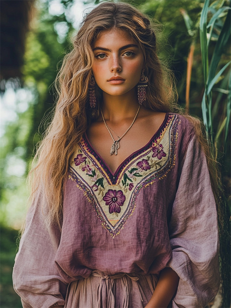 Vintage Classy Purple Floral Embroidered Linen Blend Tunic