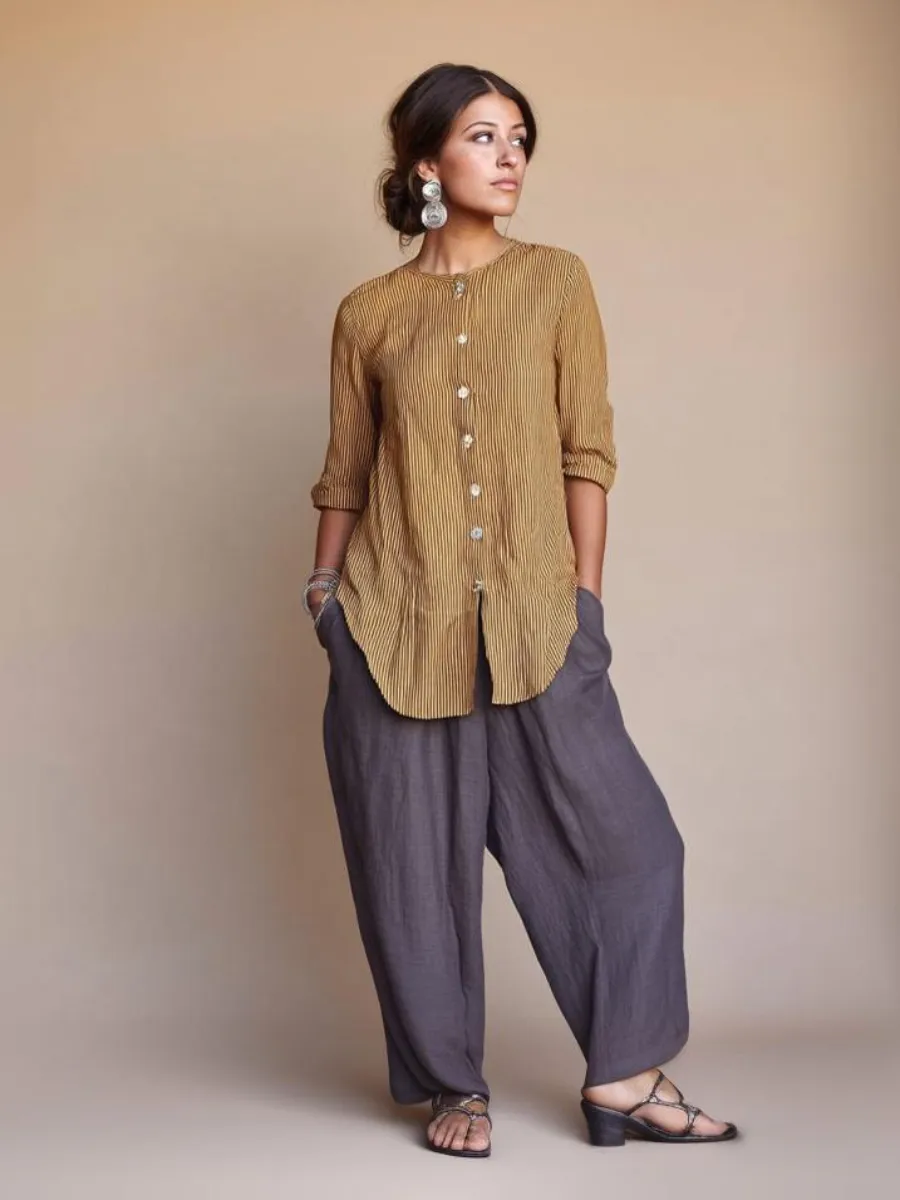 Women's cotton and linen round neck long sleeve suit