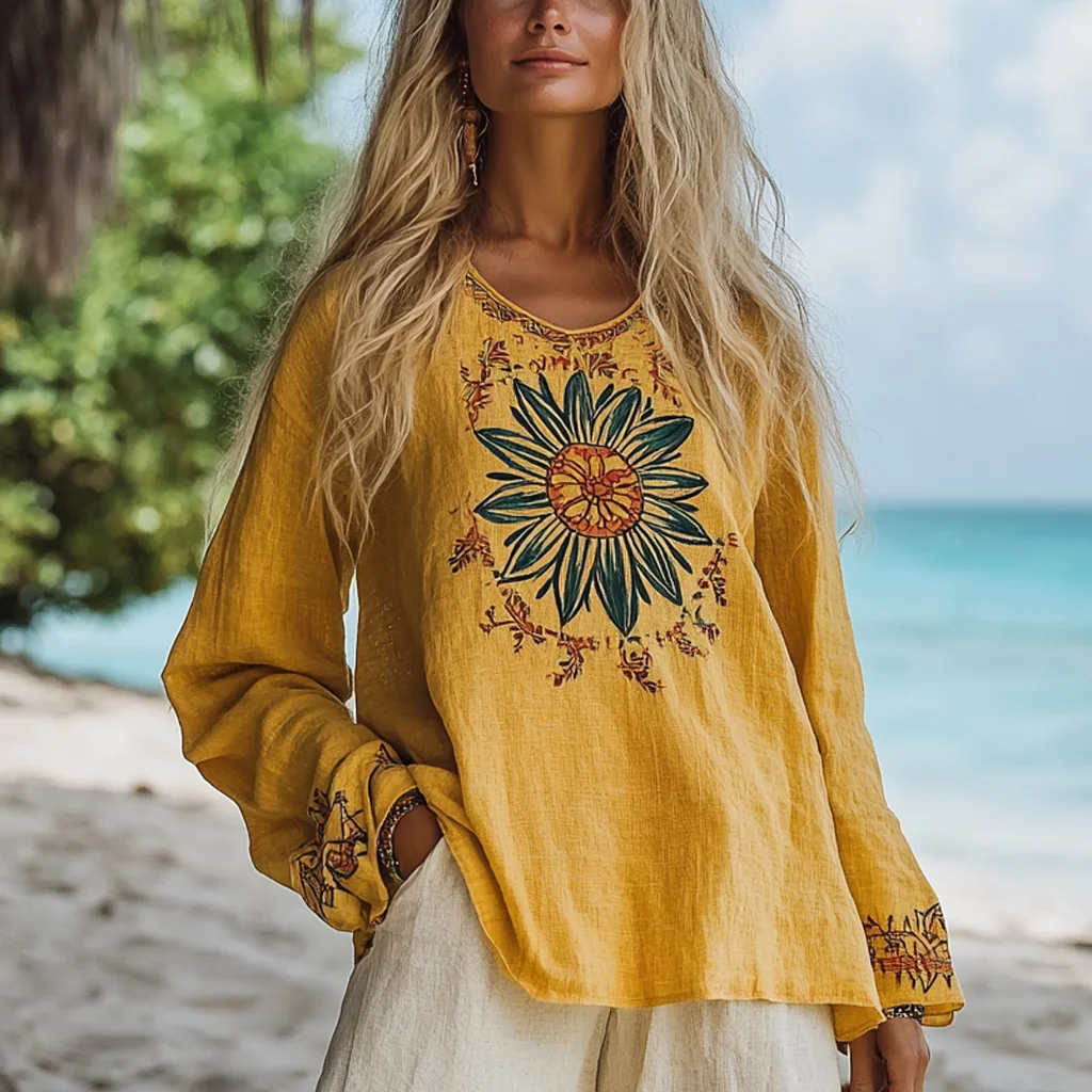 Vintage Bohemian Beach Vacation Linen Long-sleeved Round Neck Tops