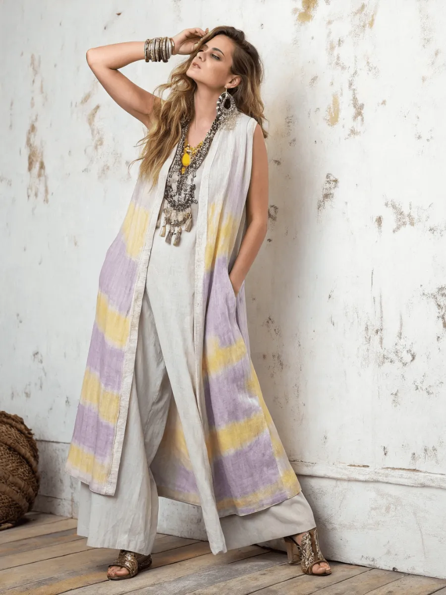 Women's cotton and linen long vest suit