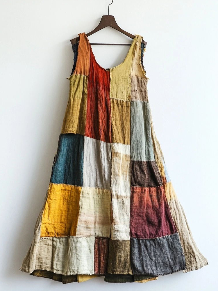 Vintage Multicolor Patchwork Linen Blend Dress