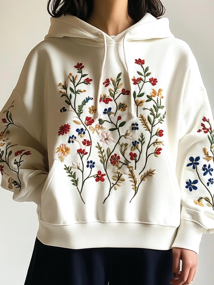 Elegant Florals Plants Embroidered Cozy Hoodie