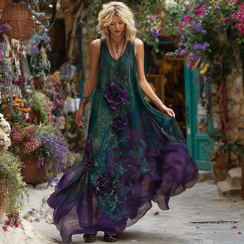 Vintage Purple Floral Embroidered Art Linen Sleeveless Maxi Dress