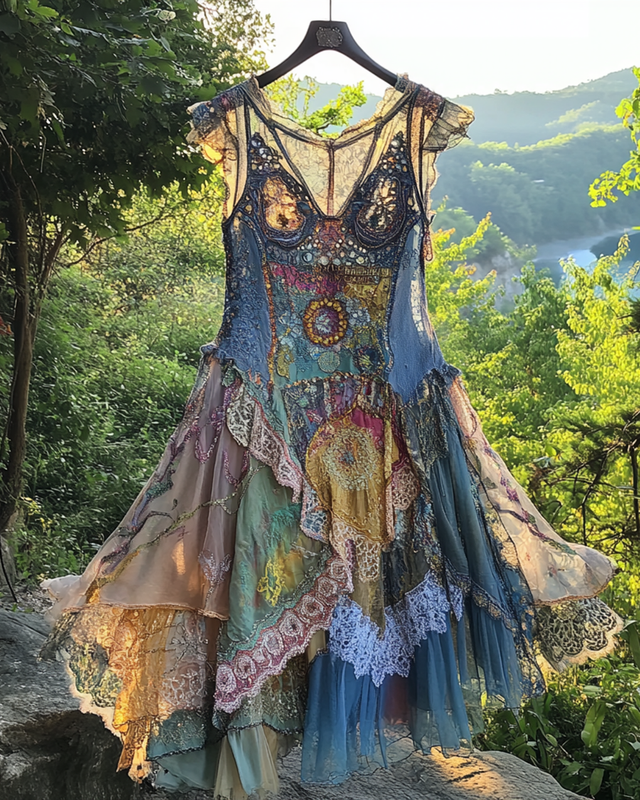 Summer Irregular Lace Patchwork Beaded Ruffle Dress