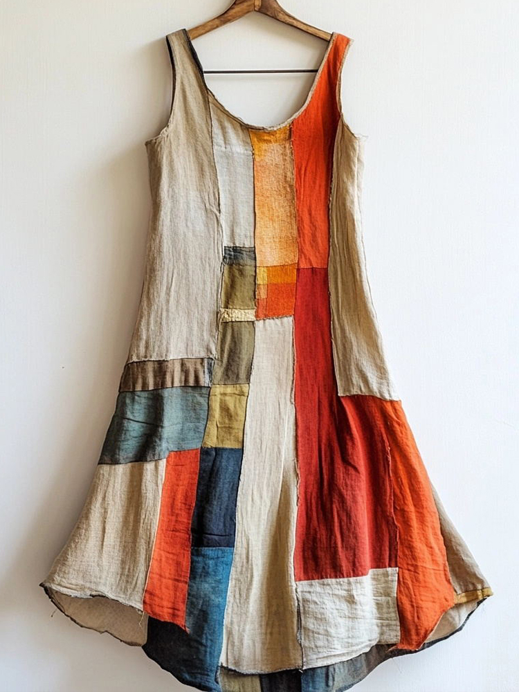 Vintage Multicolor Patchwork Art Linen Blend Dress
