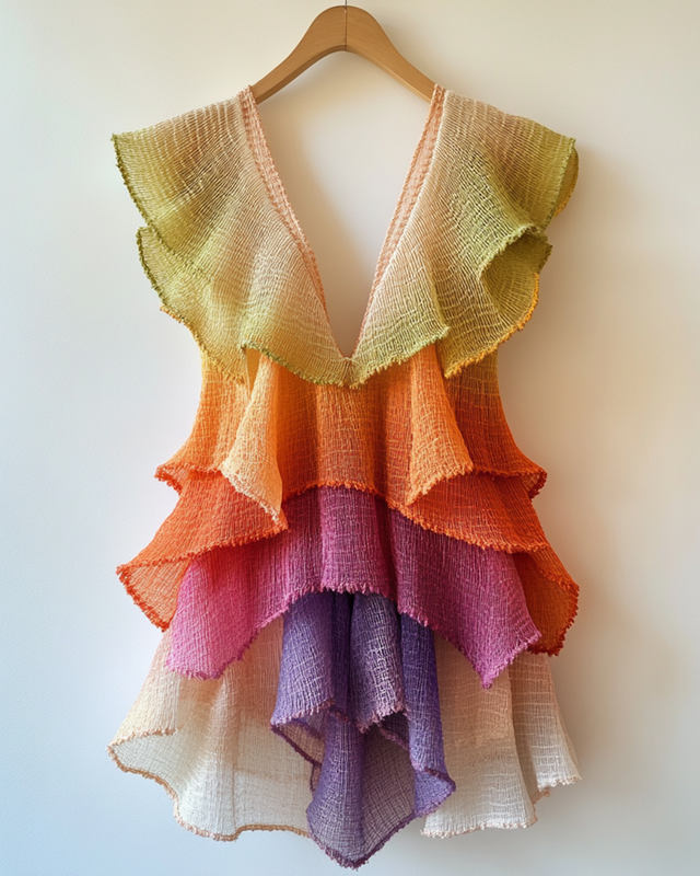 Summer Rainbow Grid Linen Irregular Ruffle Top