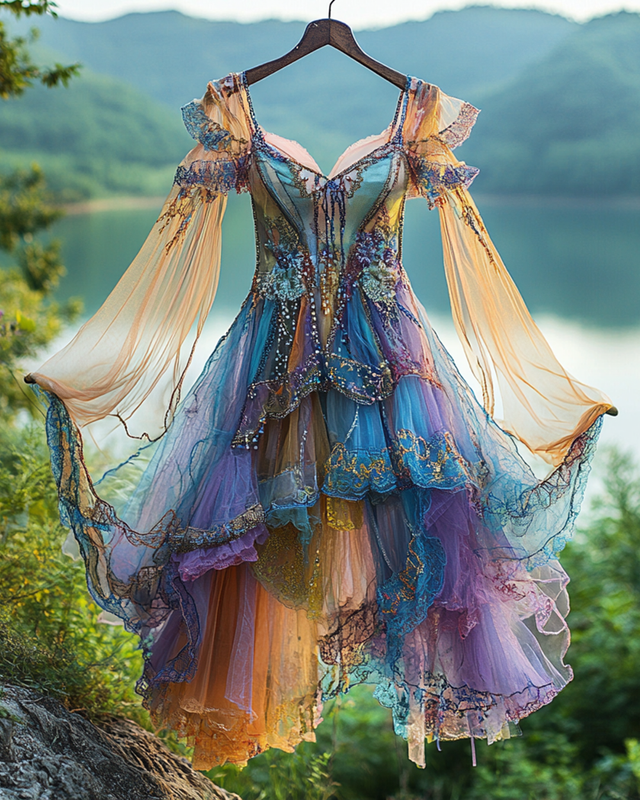 Summer Irregular Lace Patchwork Beaded Ruffle Dress