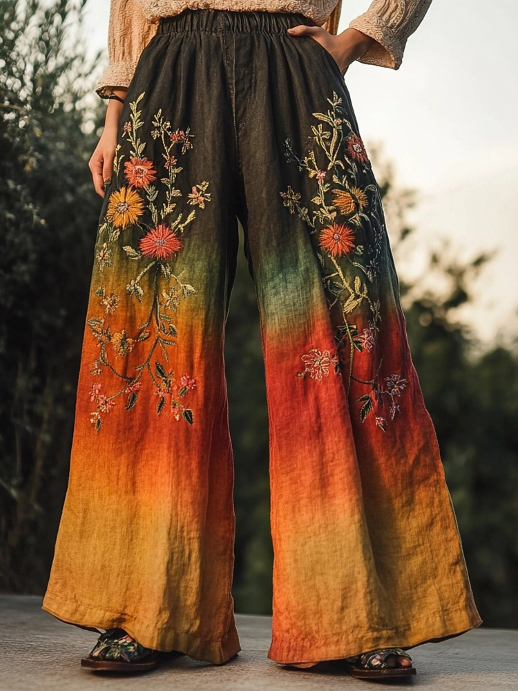 Vintage Boho Floral Embroidered Gradient Linen Pants