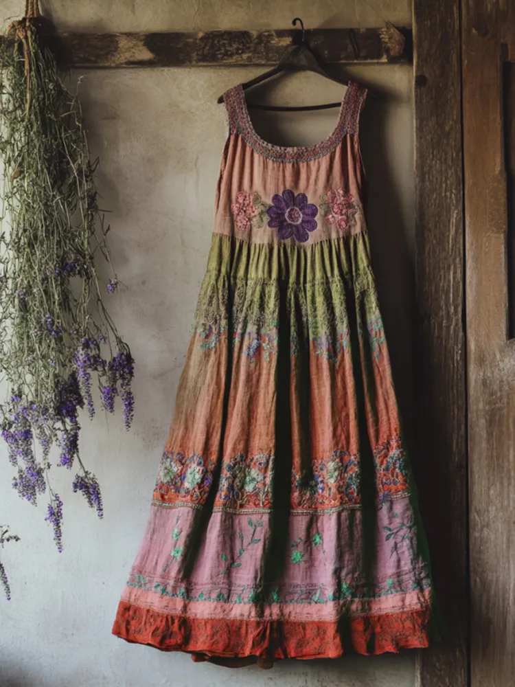 Vintage Bohemian Lavender Embroidery Patchwork Art Sleeveless  Cozy Linen Maxi Dress