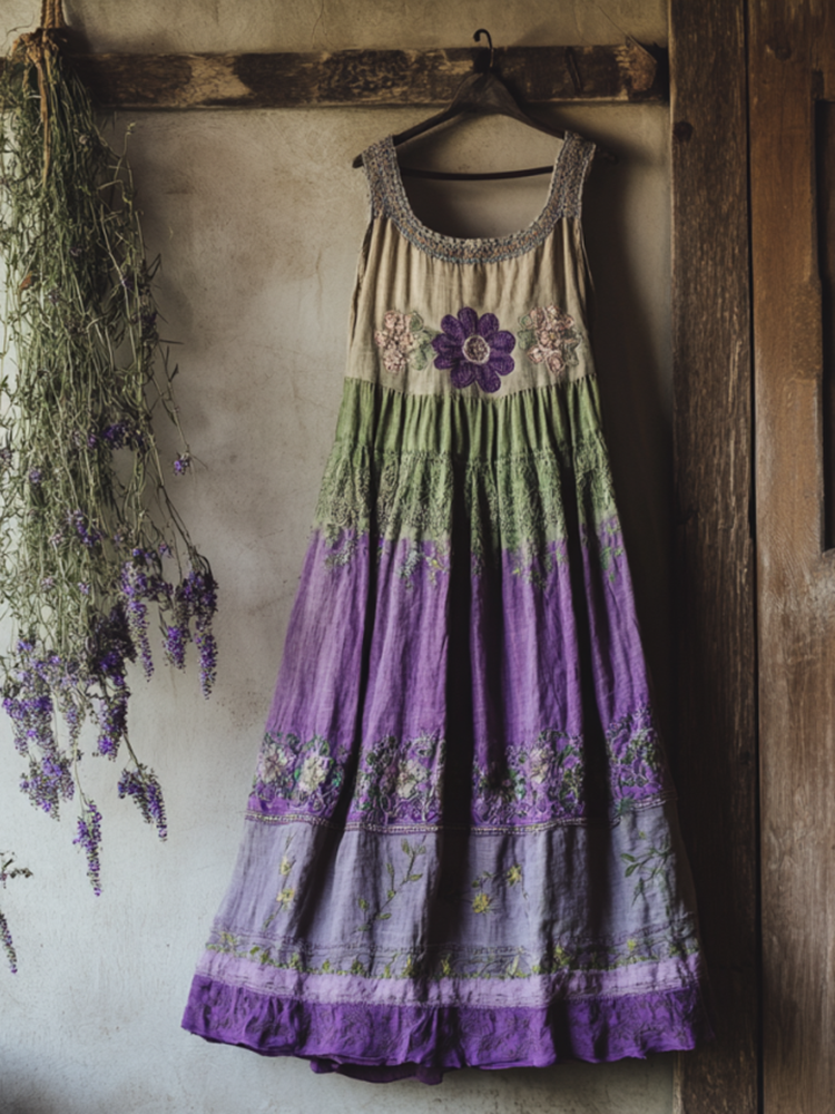 Vintage Bohemian Lavender Embroidery Patchwork Art Sleeveless  Cozy Linen Maxi Dress