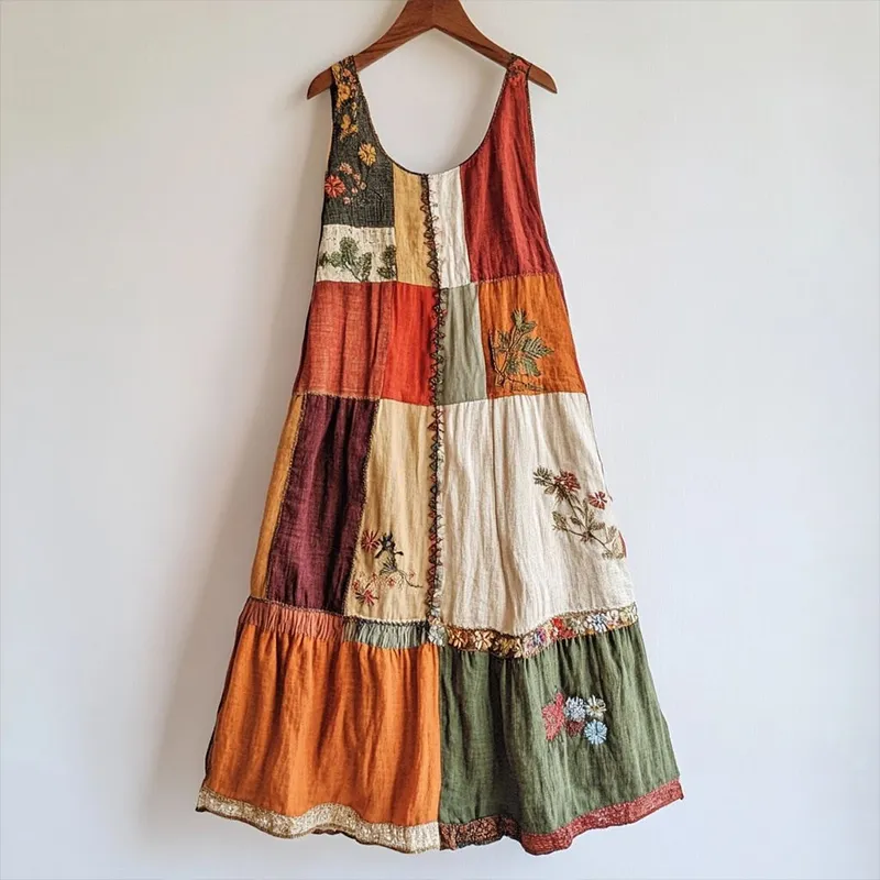 Vintage Floral Embroidered Patchwork Linen Blend Dress