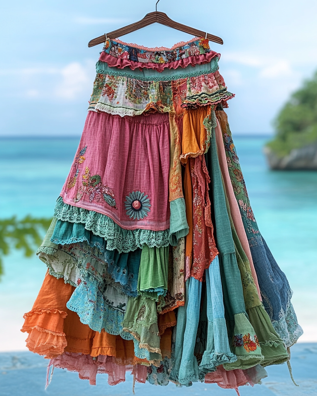 Summer colorful vacation patchwork contrast skirt