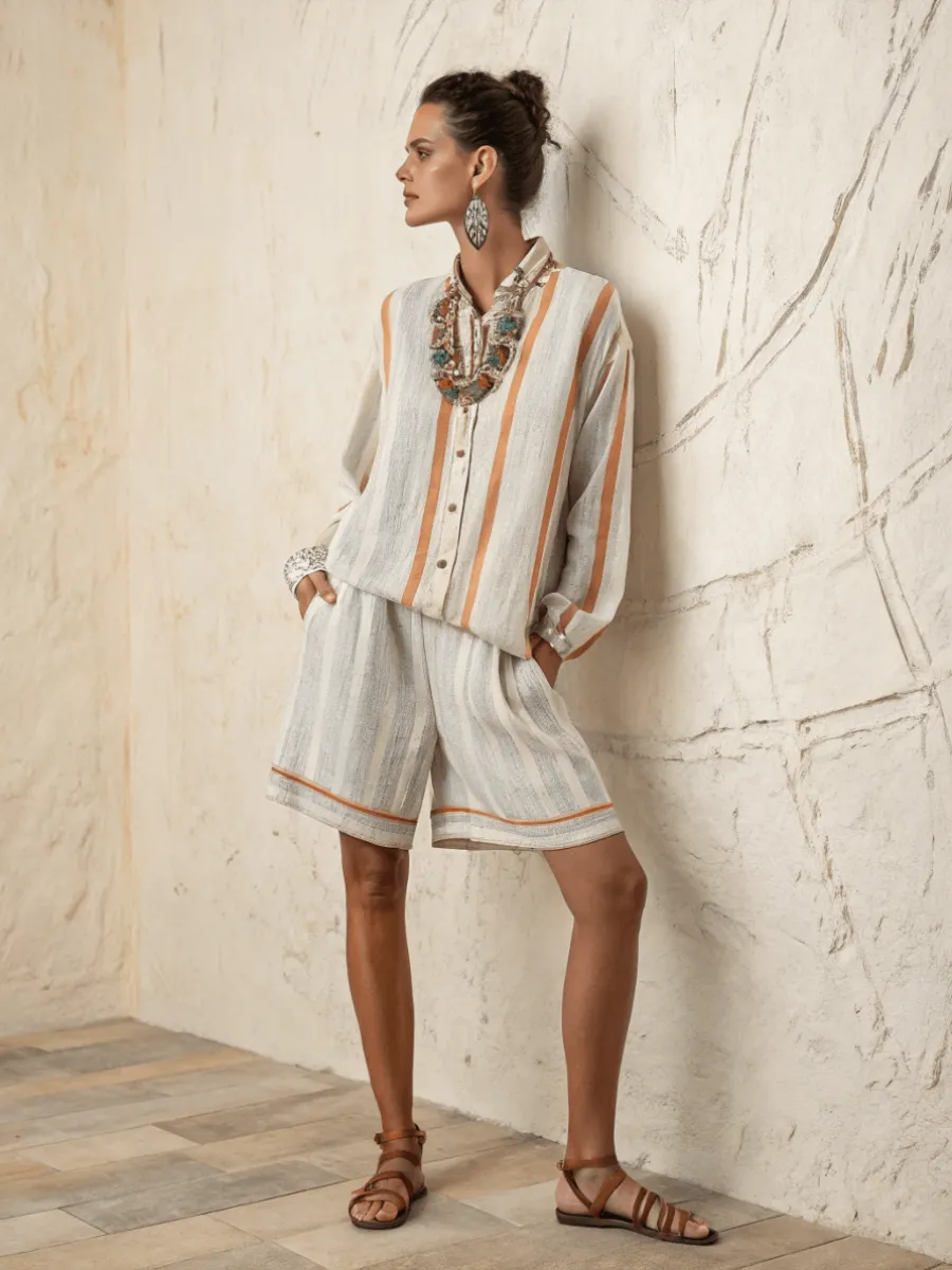 Cotton and linen women's shirt and shorts set