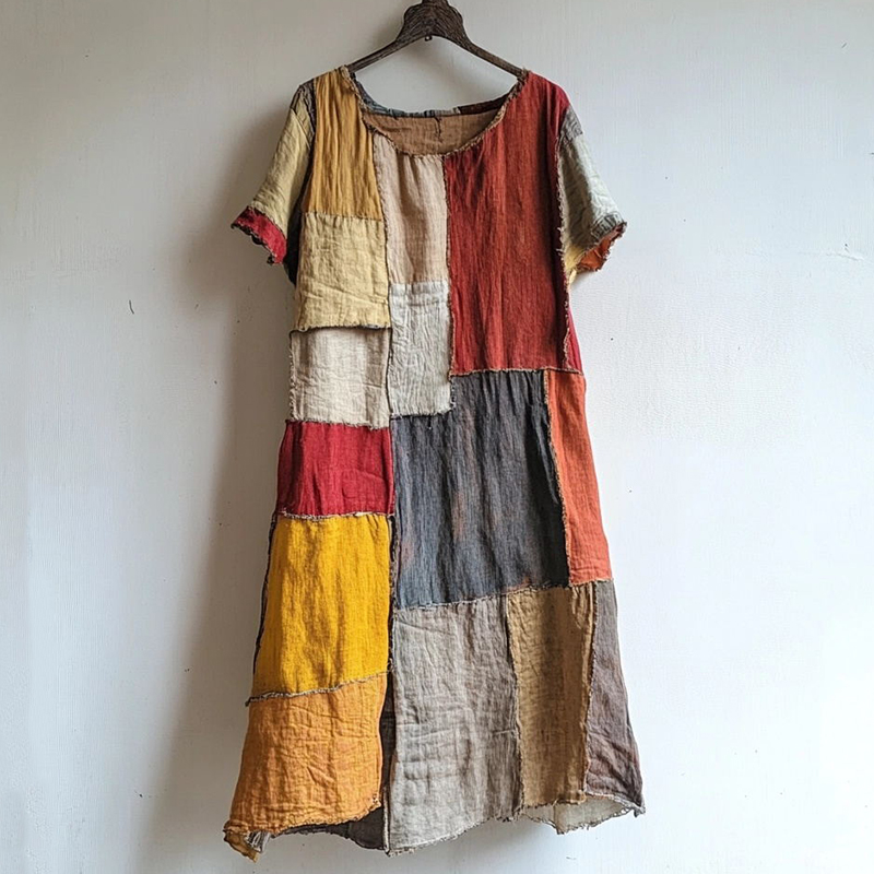 Vintage Patchwork Art Linen Blend Midi Dress