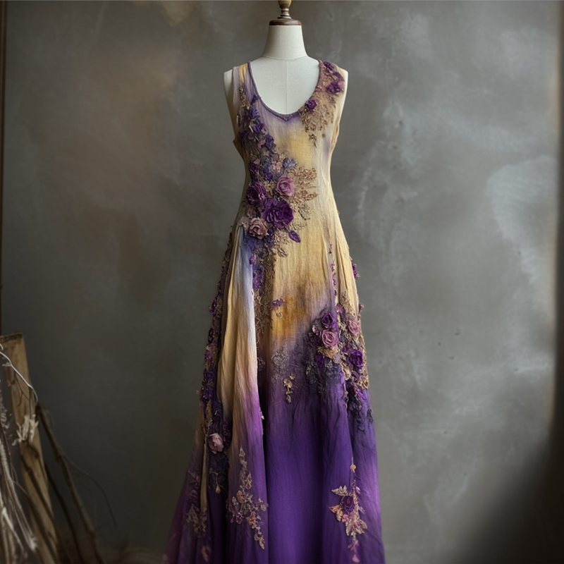 Vintage Purple Floral Embroidered Gradient Linen Maxi Dress