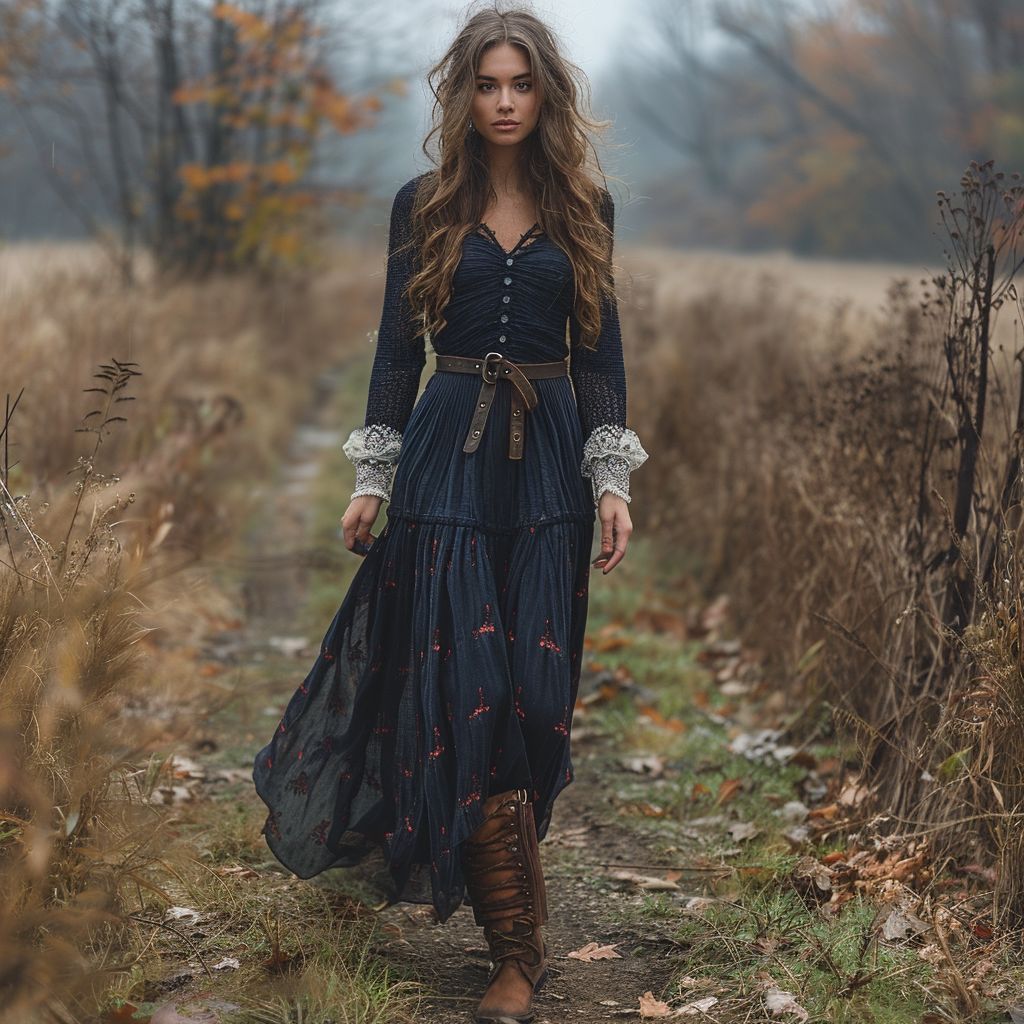 Women's Vintage V-neck Linen Long-sleeve Maxi Long Dress