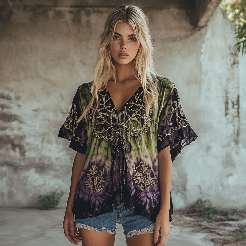 Ethnic handmade star and moon embroidery irregular off-shoulder top