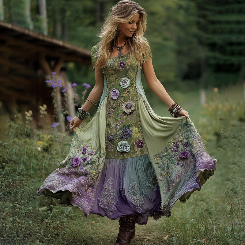 Classy Gradient Purple Lavender And Floral Embroidered Linen Maxi Dress