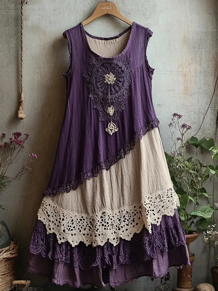 Retro Lace Patchwork Comfy Linen Tank Dress