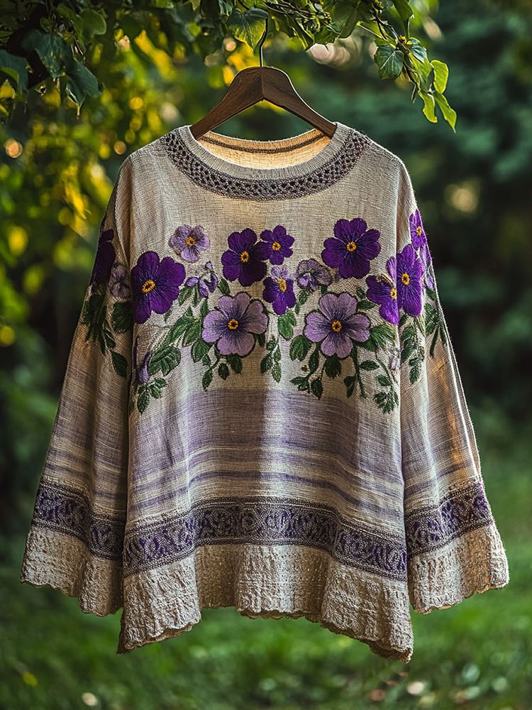 Women's Vintage Floral Embroidery Linen Blend Loose T-shirt