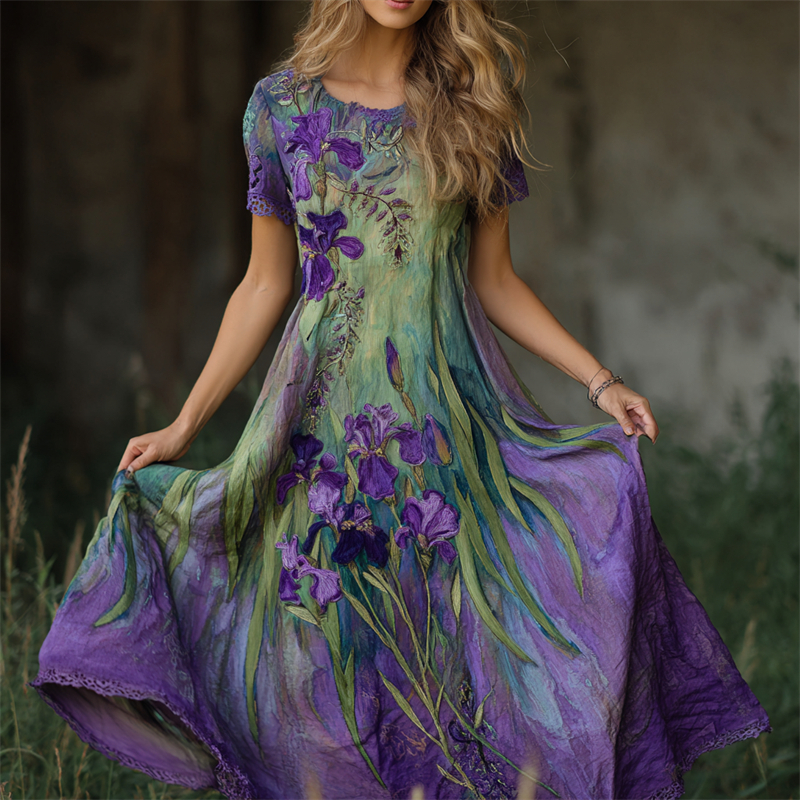 Oil Painting Purple Irises Embroidered Lace Patchwork Linen Maxi Dress