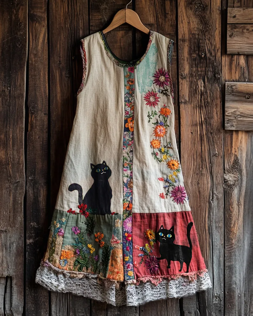 Vintage Cute Black Cat And Patchwork Linen Tank Dress
