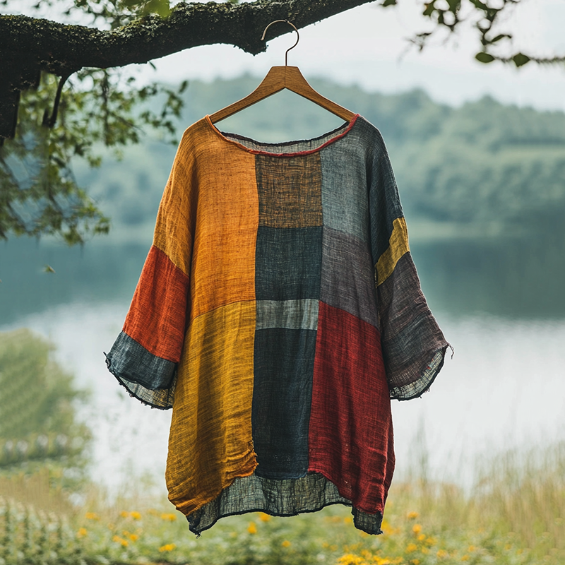 Vintage Color Block Loose Linen Blend T-shirt