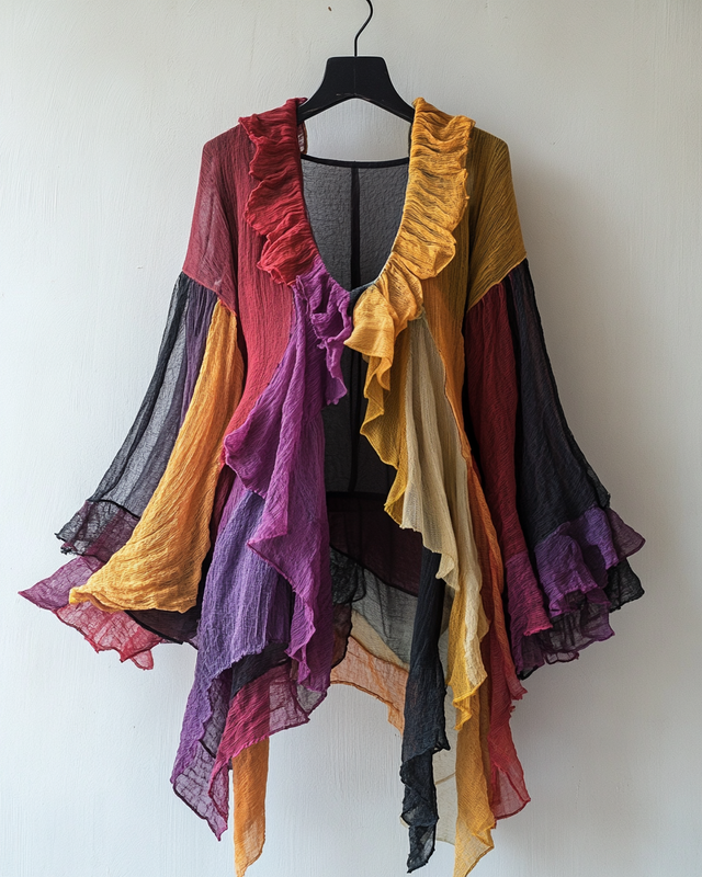 Color-Blocking Rainbow Ruffle Kimono